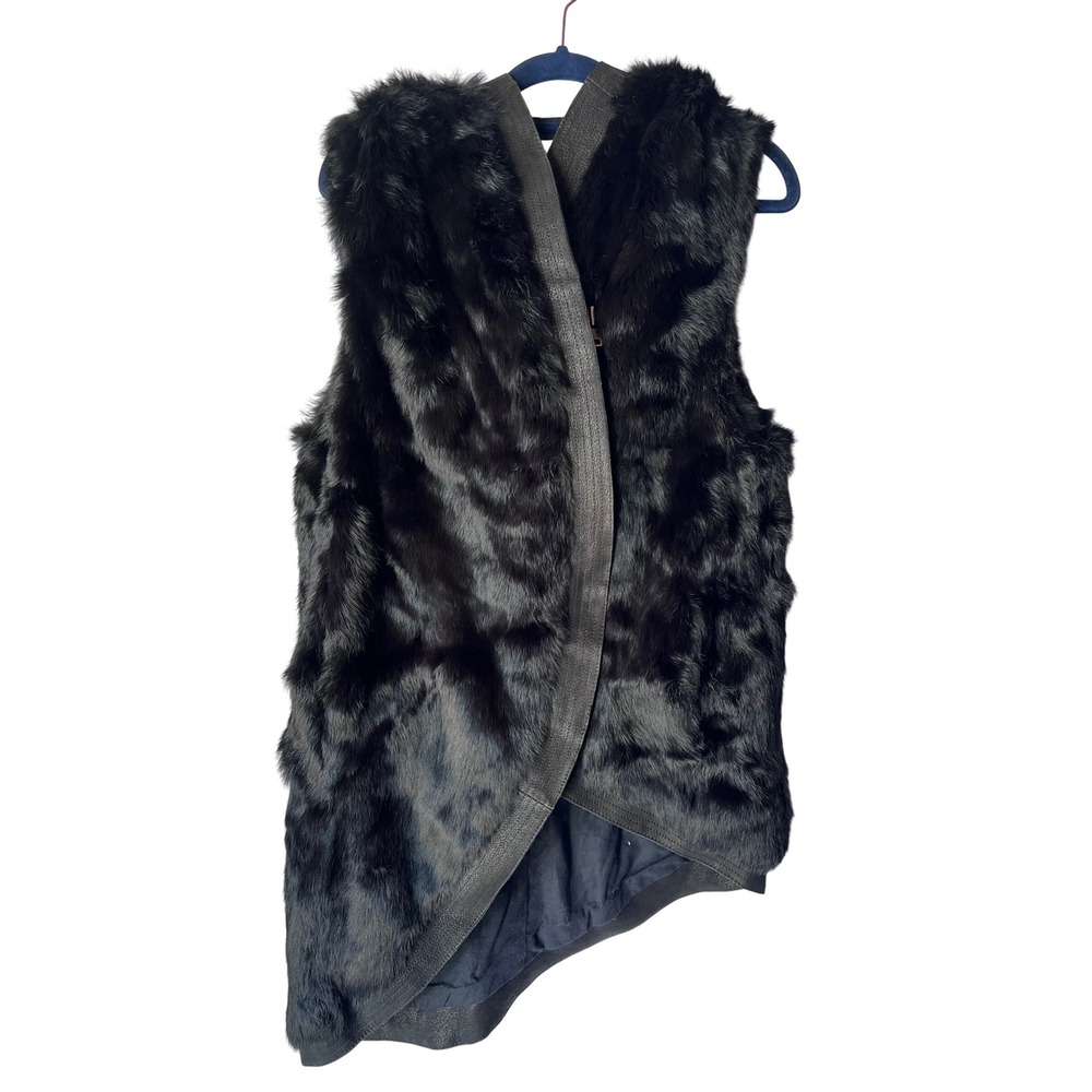 Helmut Lang Black Flux Rabbit Fur Vest Hooded Goat Leather Trim Asymmetrical M